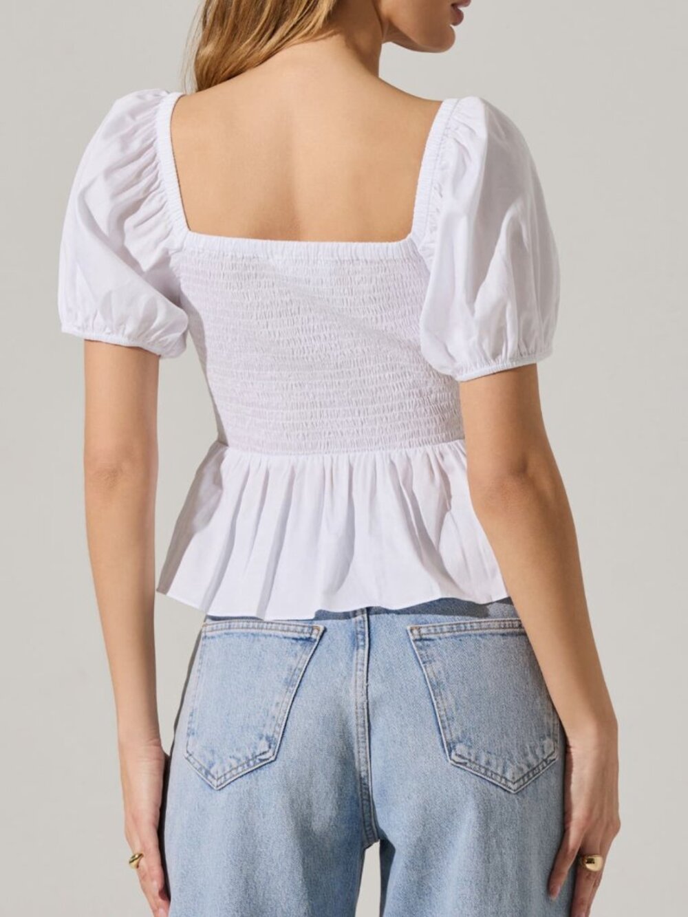 ASTR The Label Smocked White Puff Sleeve Peplum Blouse Bow Shirt Large 12 14 NWT - Picture 5 of 5